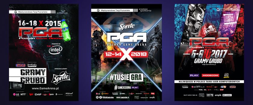 Archiwalne plakaty Poznań Game Arena z lat 2015, 2018 i 2017